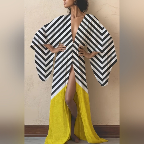 Jackets & Blazers - Black & White Chevron Maxi Dress with Yellow Hem